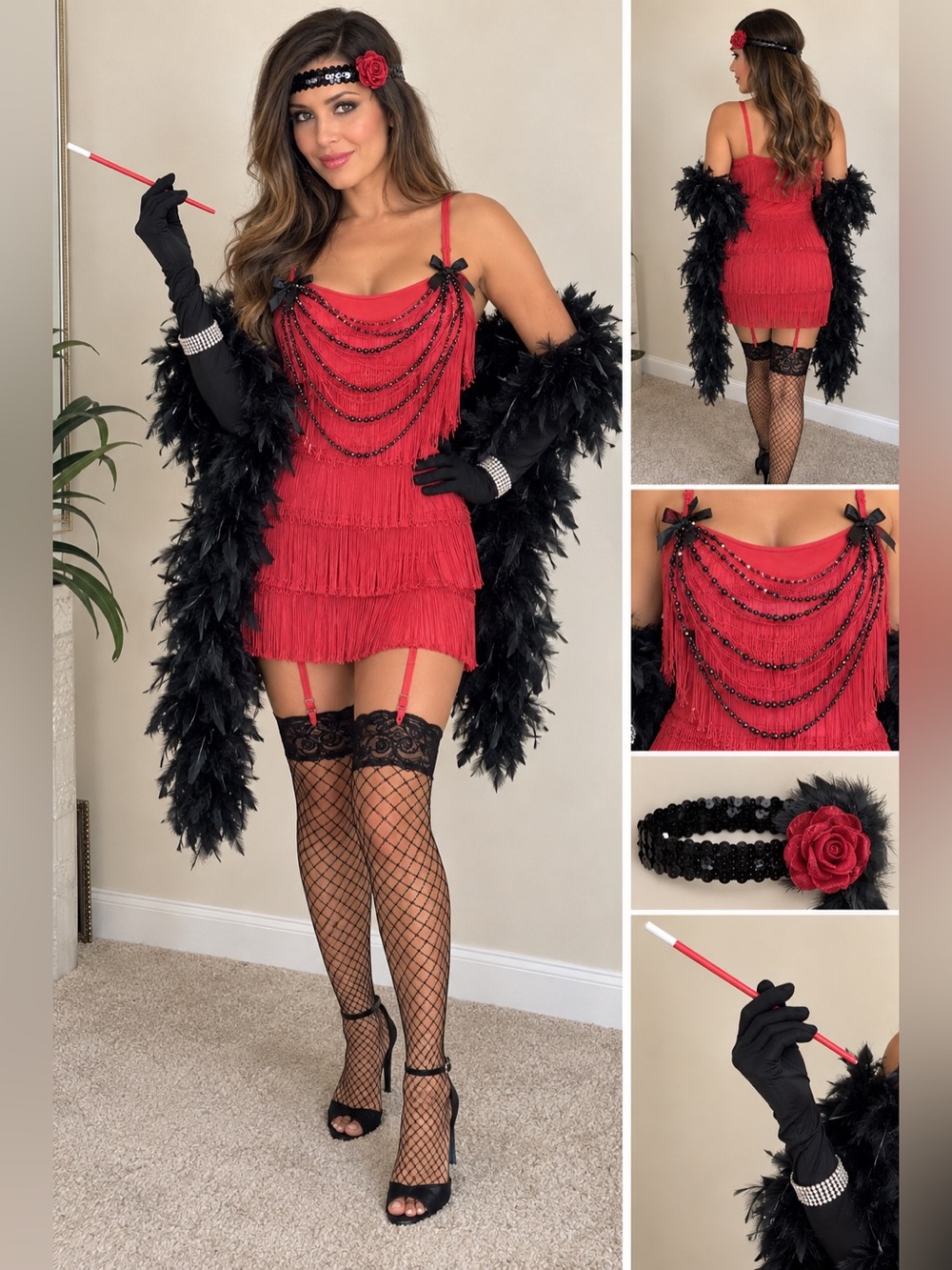 Dreamgirl Flapper Fringe Dress Feather Boa Red/Black Size L Halloween 7474